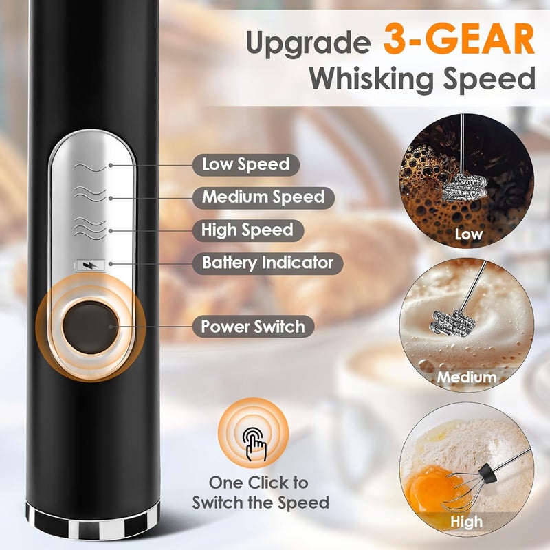 Toughwild Milk Frother Handheld, Rechargeable Coffee Frother Wand with 2 Stainless Whisks 3 Speeds, Drink Mixer, Electric Foam Maker, Hand Mixer for Lattes, Cappuccino, Matcha, Egg, Black - Image 3